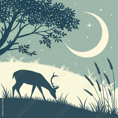 Deer grazing under starry night sky with crescent moon