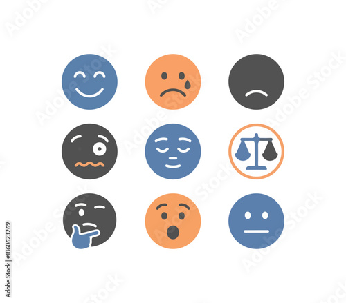 Set of emotional icons joy sadness anger confusion contemplation neutrality