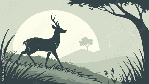 Majestic deer walking through serene natural landscape at dusk