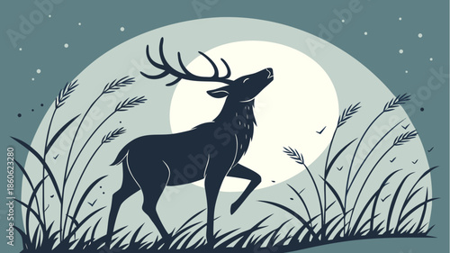 Majestic stag howls under moonlight in serene natural setting