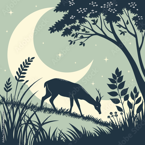 Deer grazing under crescent moon in serene forest landscape