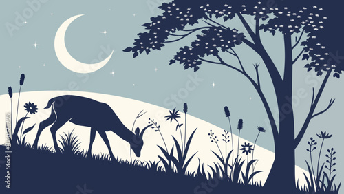 Deer grazing under crescent moon in serene natural landscape