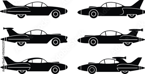 Futuristic concept car silhouettes with retro fins and jet styling, black and white illustration of mid-century automotive innovation