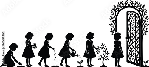 Girl planting seeds silhouette, child nurturing plant growth step by step, garden doorway to nature illustration, growth process education concept art