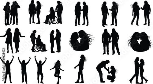 People silhouette lifestyle collection illustration, couples friends family interaction poses, black white vector set, romantic social relationship concept pack