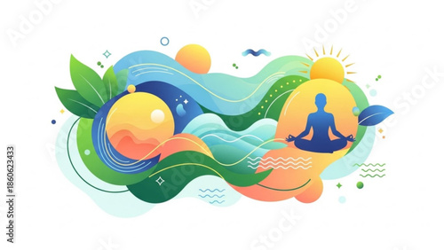 Meditation Silhouette in Abstract Nature Landscape with Gradient Vector Illustration