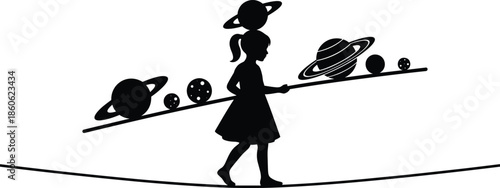 Girl silhouette balancing on curved line, celestial planets, space imagination, tightrope concept, whimsical universe, symbolic illustration of balance