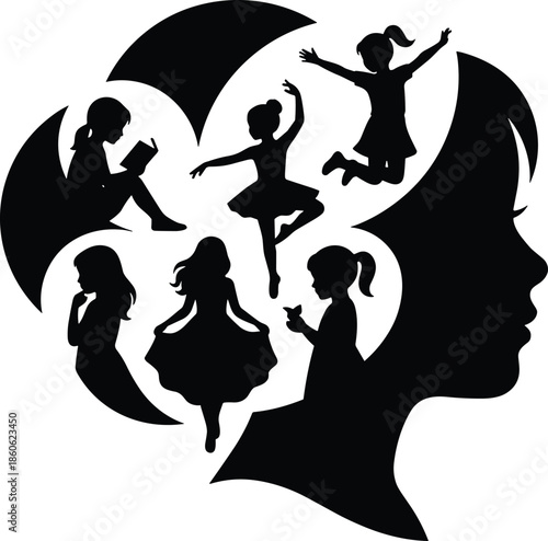 Girl profile silhouette with embedded activity scenes, black and white symbolic illustration of imagination, identity, and inner life