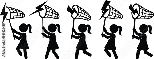 Girl silhouette catching lightning, symbolic pursuit of energy and innovation, black and white motion sequence, fantasy power illustration