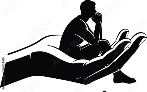 Depressed man sitting in caring hands silhouette illustration, mental health support concept, black white vector, psychology emotional protection design