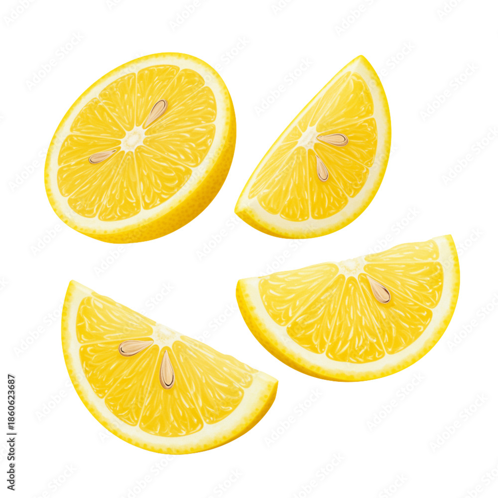 Fototapeta premium Freshly Sliced Lemon Wedges Isolated on White Background