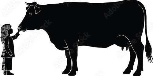 Little girl touching cow silhouette illustration, farm animal care scene, black white vector art, rural childhood kindness concept design