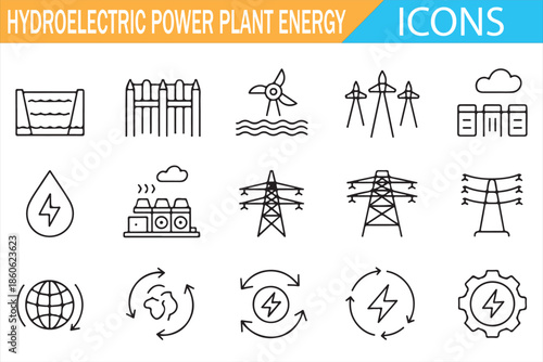 Hydroelectric Power Station Icons in Clean Outline Design