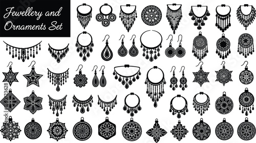 Jewellery ornament silhouette icon set illustration, necklace and earring ethnic collection, black white vector, decorative fashion design elements