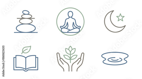 Wellness icons representing balance meditation nature and serenity