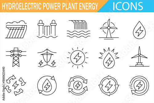 Hydropower and Electricity Line Icons for Modern Interfaces