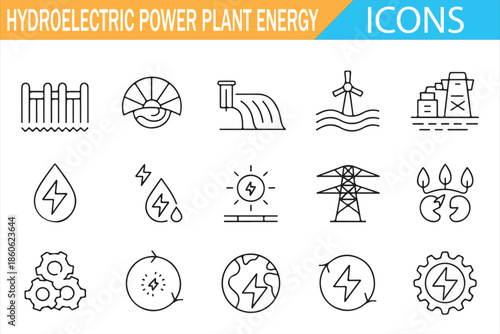 Renewable Power Generation Icons Set with Water Energy Symbols