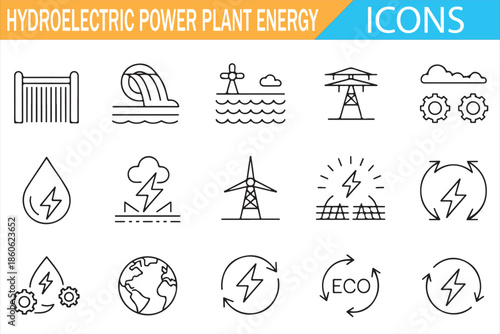 Hydroelectric Energy Outline Icons for Infographic Design