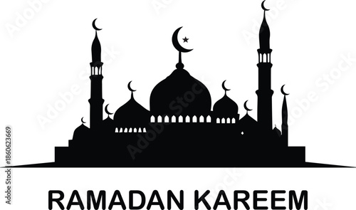 A silhouette vector illustration of mosque architecture and crescent moon icon design for Ramadan Kareem religion travel and city skyline art.