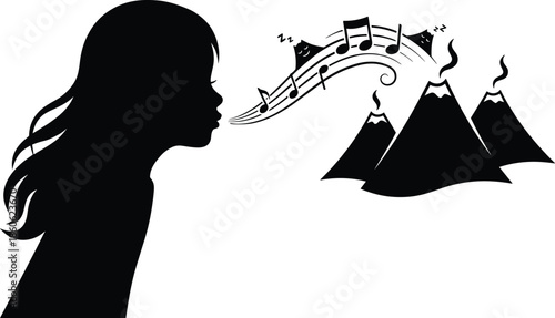 Girl silhouette singing to volcanoes, black and white surreal illustration of music calming nature with dreamy notes and sleeping symbols