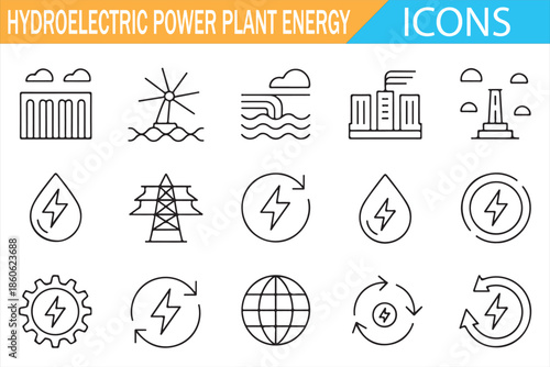 Hydroelectric Power Plant Icons Set for Renewable Energy Concepts
