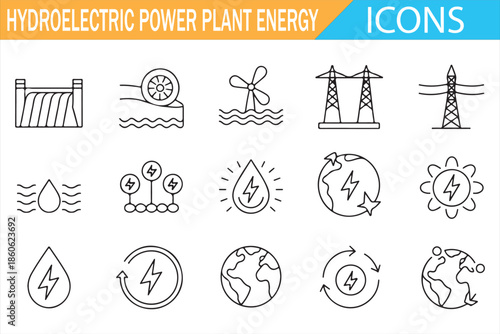 Hydroelectric Power Plant and Renewable Energy Line Icons Set with Dam, Turbine, Water Flow and Electricity Symbols in Minimal Outline Style