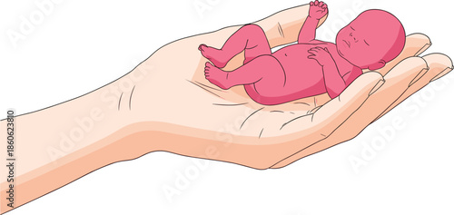 Newborn baby sleeping in caring hands illustration, maternal protection concept, flat vector design, parenthood love symbol graphic art