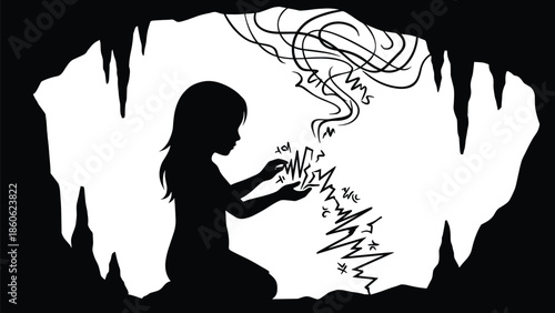 Mystical cave silhouette, child conjuring magical energy, fantasy illustration with swirling power, stalactites and symbols, black and white wonder