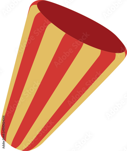 A red and yellow striped conical object against a stark white background