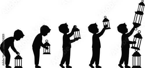 Silhouette boy lifting lanterns in sequence and stacking them upward, symbolizing growth, learning, progress, step-by-step improvement and achievement illustration