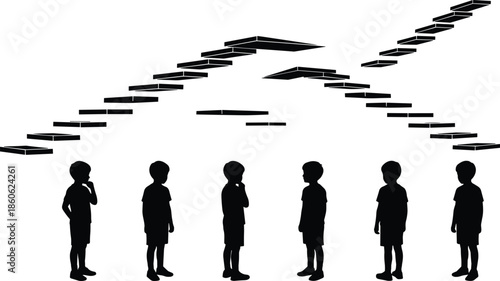 Silhouette children choosing between multiple floating stair paths, symbolizing decisions, future direction, growth journey, uncertainty and life choices illustration