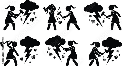 Silhouette girl breaking storm cloud lightning with hammer, transforming challenges into diamonds, inspirational concept of strength, resilience and overcoming obstacles