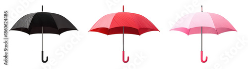 A collection of three stylish umbrellas in black. red. and pink colors. displayed against a clean white background. their design and potential for fashion or product advertising
