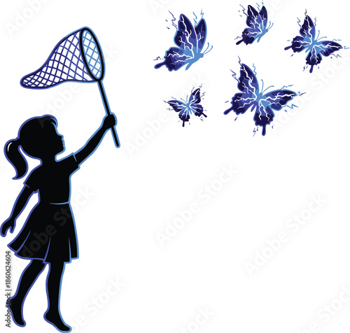 Silhouette girl catching glowing cosmic butterflies with net, fantasy night illustration, magical flying creatures concept, childhood wonder vector artwork
