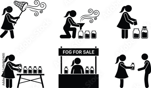 Silhouette girl catching fog, bottling and selling jars at market stand, whimsical fantasy business concept of imagination and magical commerce