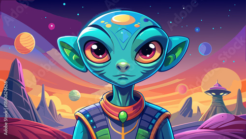 Very beautiful vector illustration of a friendly alien with oversized eyes and smooth skin textures, standing confidently under a glowing cosmic sky, playful science fiction character design.