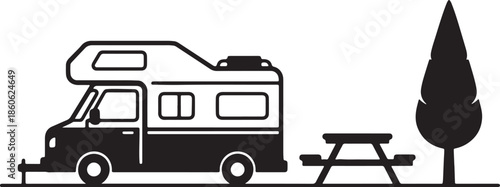 Black and white line of a camper van parked next to a picnic table and a stylized tree also transparent background