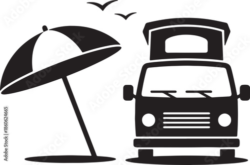 Black and white of a camper van parked next to a beach umbrella with two birds flying above also transparent background