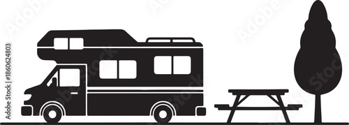Black silhouette of a camper van parked next to a picnic table and a tree also transparent background