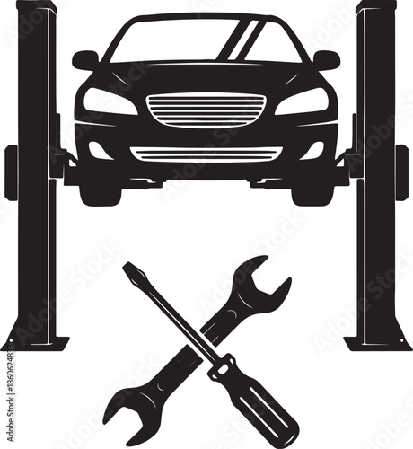 Black silhouette of a car on a lift with crossed wrench and screwdriver below also transparent background