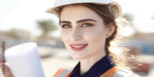 Young woman engineer smiling while holding blueprint on construction site  
