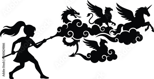 Silhouette girl conjuring mythical creatures with staff, dragons, griffins and unicorn appearing from clouds, fantasy imagination, magical childhood adventure illustration
