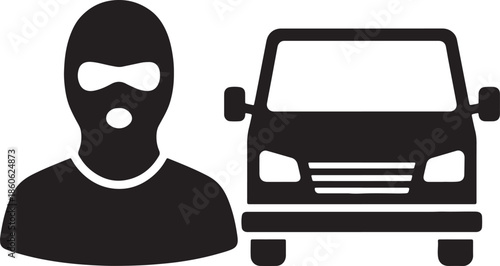 Black silhouette of a person wearing a balaclava next to a black silhouette of a van also transparent background