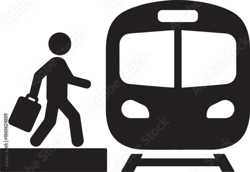 Black silhouette of a person with a briefcase walking towards a train on a platform also transparent background