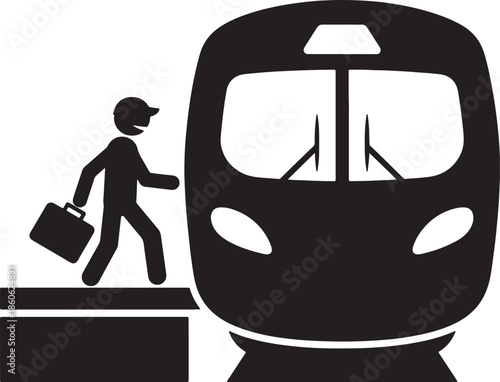 Black silhouette of a person with a briefcase stepping onto a train platform also transparent background