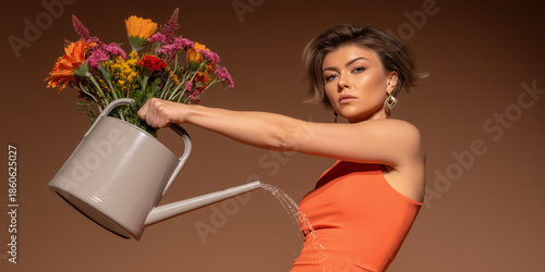 Young woman watering flowers with modern watering can in studio  