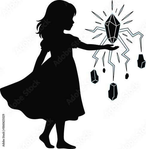 Silhouette girl holding floating magical crystal with glowing shards and energy sparks, fantasy power, mystical childhood imagination illustration concept