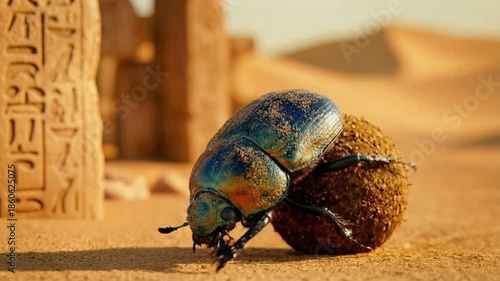 Scarab beetle rolling dung in ancient egypt desert