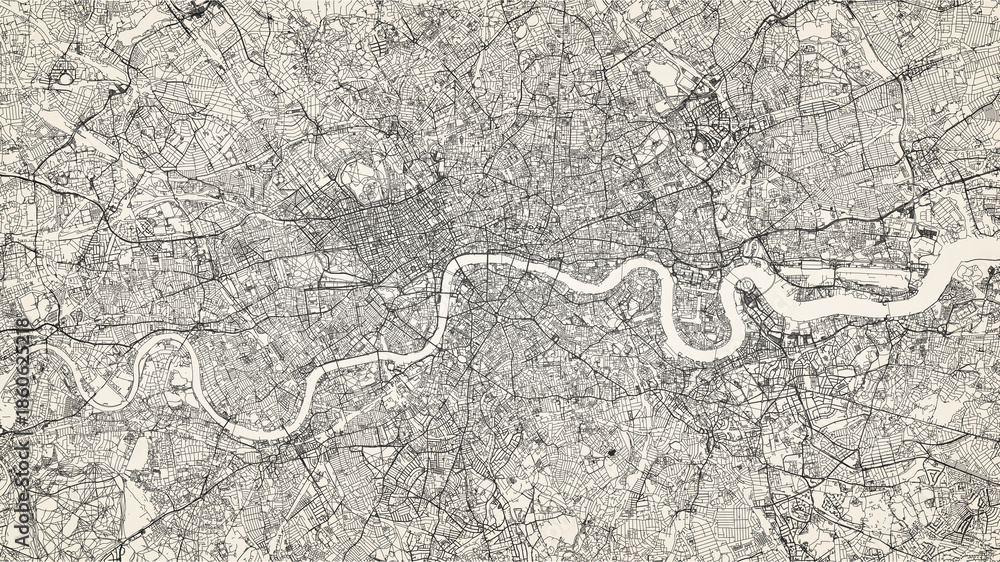 Obraz premium City street map of Greater London area, UK, in black and light beige. High resolution full frame minimalist poster style road map or urban street plan of London. Vintage look.