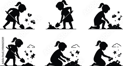 Silhouette girl playing in sand digging with shovel, discovering toys and stars, childhood imagination, creative outdoor play activity illustrationSilhouette girl playing in sand digging with shovel